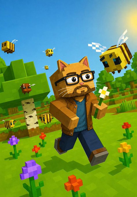 A pixel-art style illustration of an orange cat character wearing glasses and a brown jacket, surrounded by flying blocky bees and colorful flowers in a Minecraft-like environment.