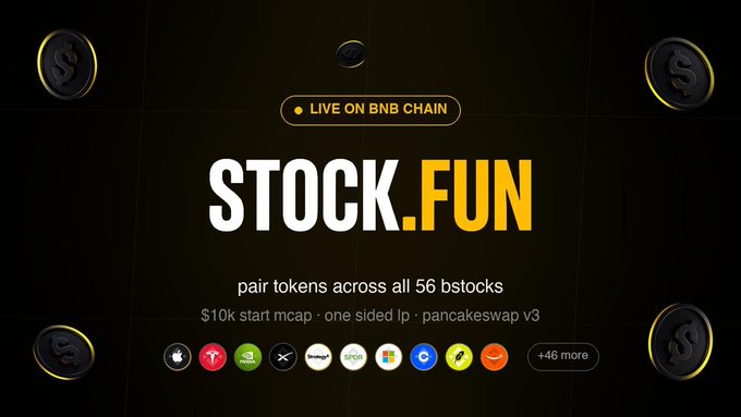 A promotional banner for 'STOCK.FUN' advertising token pairing across 56 bstocks on the BNB Chain with various cryptocurrency logos displayed.