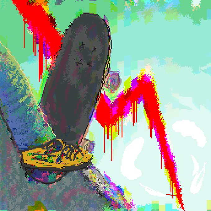 An abstract pixelated artwork featuring a dark grey figure against a vibrant green and blue background, with bright red dripping shapes resembling blood or paint extending from the top and side.