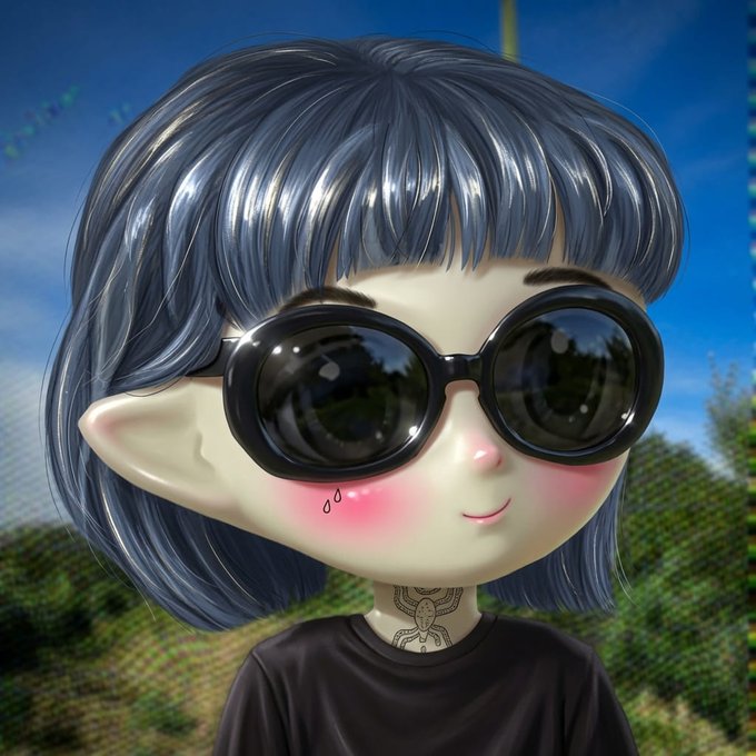 A 3D-rendered character portrait of a stylized girl with short blue hair, round black sunglasses, rosy blushing cheeks, and a small teardrop tattoo, wearing a black shirt.