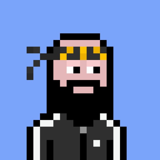 Pixel art illustration of a bearded character with a yellow and black striped headband, set against a blue background.