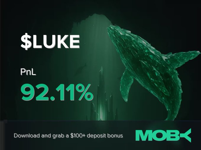 A promotional graphic for Moby Mobile features a green whale graphic and text announcing trader "$LUKE" achieving a PnL of 92.11%, offering a $100+ deposit bonus for downloading. The image visualizes a significant win alert, highlighting the trader's substantial profit on the $LUKE token.