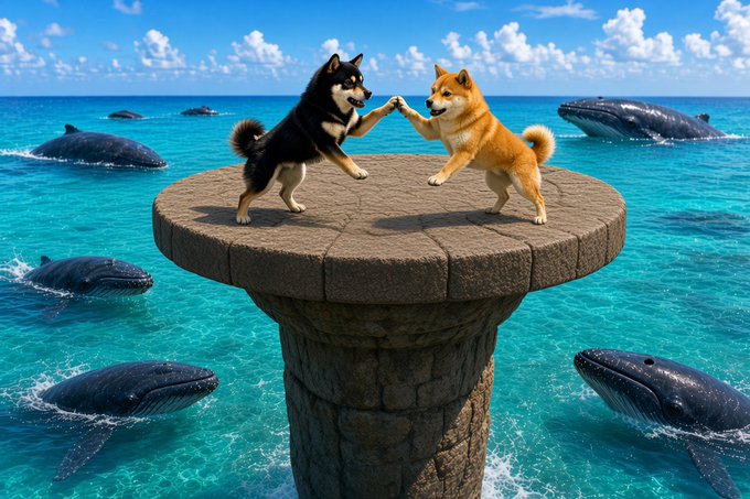 Two dogs, a black and tan Shiba Inu and an orange Shiba Inu, appear to be shaking hands or fist-bumping while standing on a stone pedestal surrounded by turquoise ocean water with several whales swimming nearby.