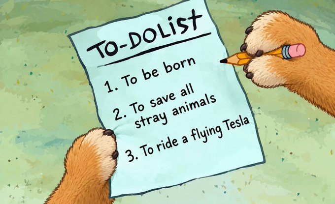 An illustration of Baby Doge holding a “TO-DO LIST” with three items: “1. To be born,” “2. To save all stray animals,” and “3. To ride a flying Tesla.” It supports the post’s wish-granting prompt by asking followers to make a wish and comment what they wished for.