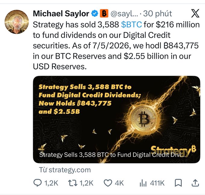 A tweet from Michael Saylor (@sayl...) announcing Strategy has sold 3,588 BTC for $216 million to fund Digital Credit dividends, with current holdings of 843,775 BTC and $2.55 billion in USD Reserves.