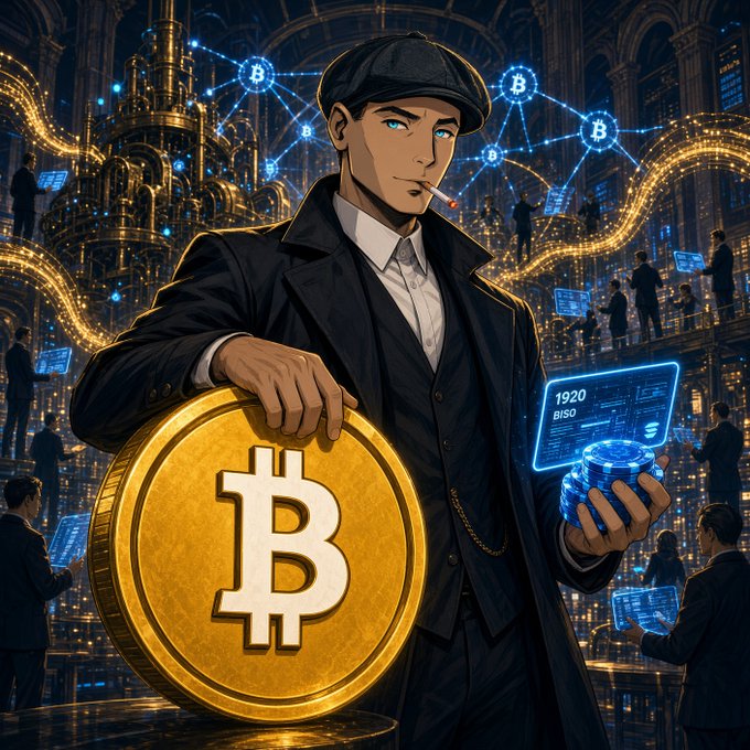 An anime-style digital illustration of a man in a black suit and flat cap smoking a cigarette, holding a large gold Bitcoin coin, set against a futuristic cityscape filled with Bitcoin symbols.