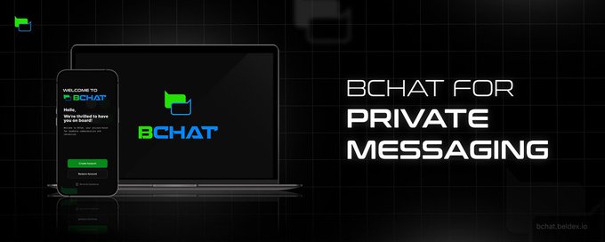 The image is a promotional banner for BChat, featuring a smartphone and laptop displaying the app's welcome screen with the text "BCHAT FOR PRIVATE MESSAGING" prominently displayed on a dark background, reinforcing the post's emphasis on BChat's privacy-focused approach that doesn't require personal information like phone numbers or emails to sign up.