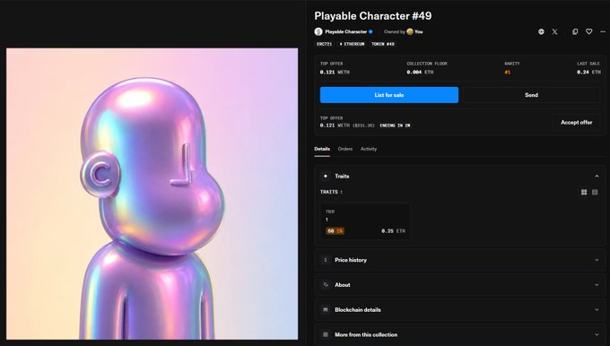 An NFT marketplace listing for 'Playable Character #49' showing an iridescent purple/pearl humanoid figure with collection floor of 0.25 ETH.