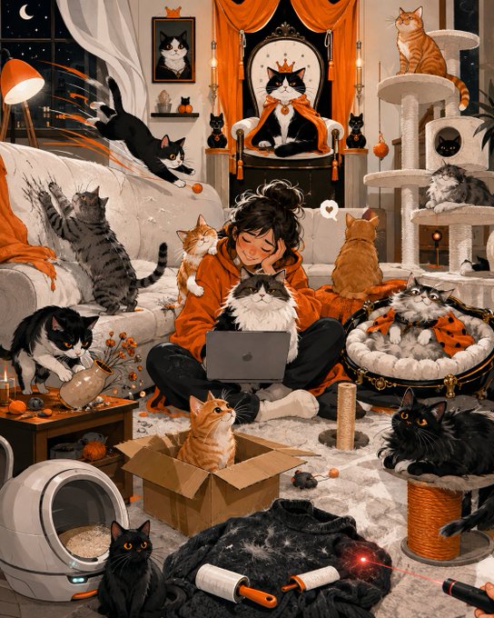 A cozy digital illustration of a tired young woman working on a laptop surrounded by numerous cats in a Halloween-themed room with cat trees and a litter box.
