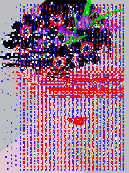 A glitchy, pixelated digital art image with chaotic red, white, and blue blocks forming abstract patterns against a gray and pink background.