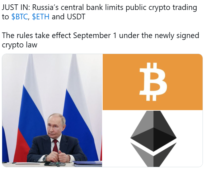 An image shows President Putin before Russian flags next to the Bitcoin and Ethereum logos, under the headline that Russia’s central bank will limit public crypto trading to $BTC, $ETH and USDT, effective September 1 under a new crypto law. This matches the post noting that roughly 2,600 crypto wallets have been placed on a watch list for alleged illicit activity.