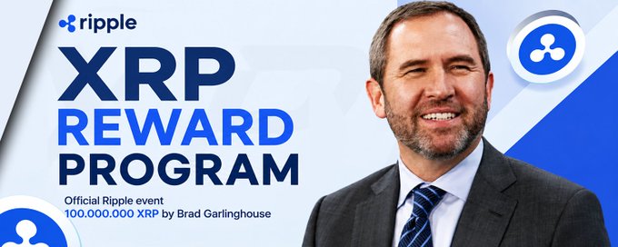 Promotional banner featuring Brad Garlinghouse for the "XRP REWARD PROGRAM," an Official Ripple event offering 100,000,000 XRP by Brad Garlinghouse, with the Ripple logo displayed.