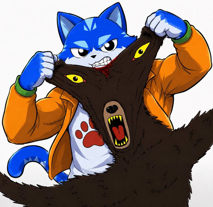 Cartoon illustration of a blue cat-like character wearing an orange jacket and paw-print shirt, ferociously ripping off a wolf-like mask to reveal a snarling face underneath.