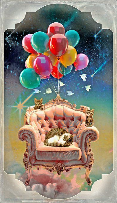 A whimsical tarot-card-style illustration featuring a sleeping cat curled on a pink tufted Victorian chair, floating among colorful balloons and doves against a starry cosmic sky.