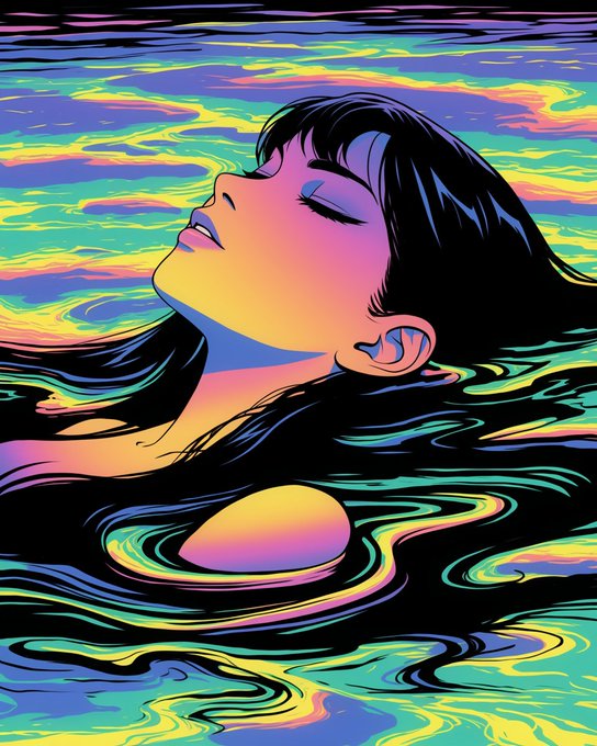 A vibrant, psychedelic illustration of a woman with dark hair floating in colorful, swirling water with her eyes closed.
