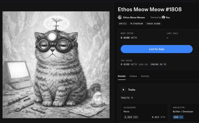 A grayscale illustration of a kitten wearing steampunk goggles with a glowing halo and small plant sprout above its head, sitting beside a retro computer and tools. The image is displayed as a digital asset titled "Ethos Meow Meow #1808" on what appears to be an NFT marketplace listing, with details showing it's Token #1808 on Ethereum (ERC-721), has 15 traits, and a best offer of 0.0188 ETH, supporting the post's claim about a potential Ethos NFT airdrop.