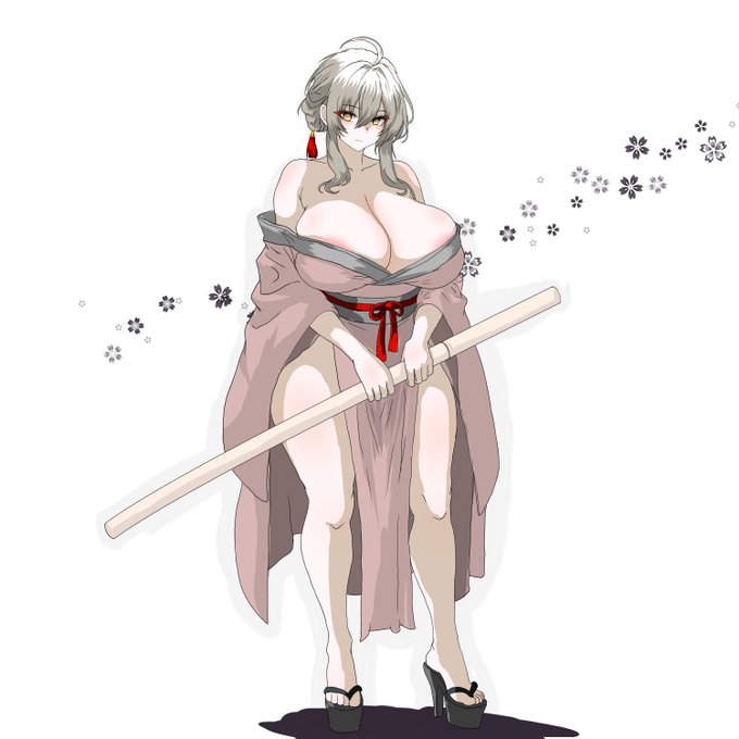An anime character with long white hair and a partially removed pink kimono holds a wooden staff (likely a bokken or jo) against her body, surrounded by drifting cherry blossoms, evoking the wandering samurai theme of a "Ronin."