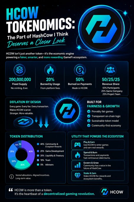 An infographic titled 'HCOW TOKENOMICS: The Part of HashCow I Think Deserves a Closer Look,' detailing a fixed supply of 200,000,000 tokens, 20% burned by usage, 50% burned on payments, and token distribution percentages.