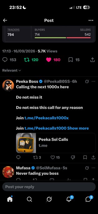 A Twitter/X post by 'Peeka Boss' promoting 'Calling the next 1000x' with engagement stats of 153 comments, 120 retweets, and 180 likes.