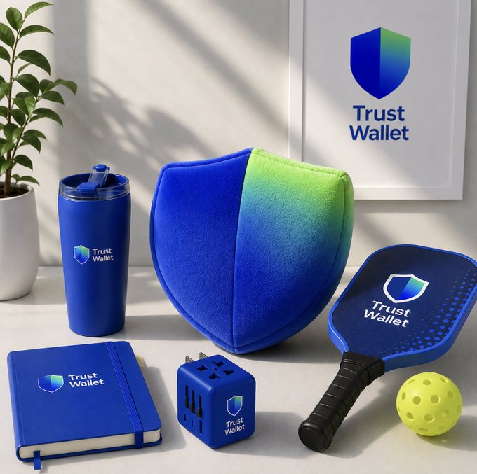 A flat-lay photo of various blue and neon green promotional merchandise, including a body pillow, shaker bottle, notebook, and pickleball paddle branded with "Trust Wallet." The items relate to the post by featuring a Trust Wallet-branded body pillow as the standout giveaway item.