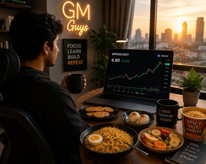 A trader enjoys coffee and breakfast while monitoring a candlestick chart of $PROM showing a 4.80 price with a +6.25% gain, surrounded by motivational decor ("GM Guys" neon, "Focus Learn Build Repeat" sign, and a "Focus Discipline Success" mug) that reinforces the disciplined, setup-driven trading mindset described in the post.