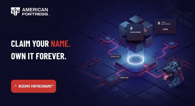 An alternate version of the 'AMERICAN FORTRESS' promotional banner, identical in text but with slightly adjusted spacing and graphic proportions, maintaining the 'CLAIM YOUR NAME. OWN IT FOREVER.' theme and robotic dog imagery.