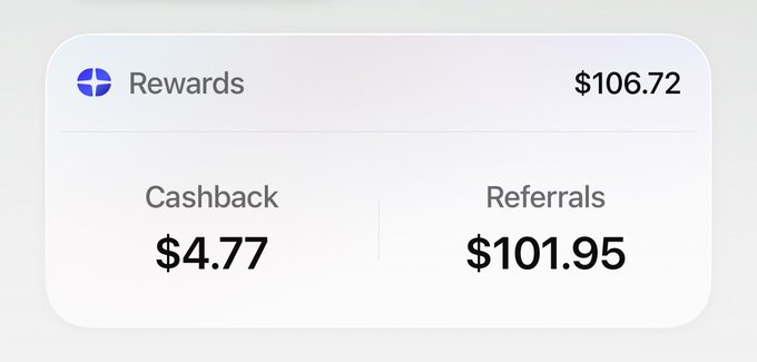 Rewards dashboard showing total rewards of $106.72, broken down into $4.77 cashback and $101.95 referrals.