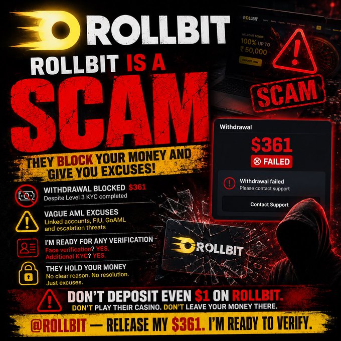 A graphic warning that "ROLLBIT IS A SCAM" highlights a blocked $361 withdrawal despite completed KYC verification, with accusations of vague AML excuses and held funds. The post reinforces this by criticizing platforms that block withdrawals after KYC, promoting Rolly as an alternative where players retain control of their funds.