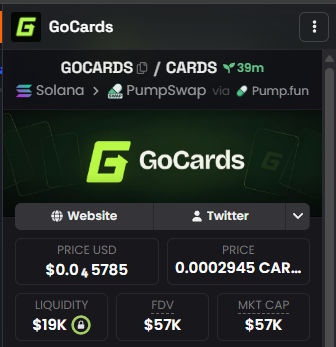 A dark interface displays the GoCards token page on what appears to be a Solana-based platform (PumpSwap via Pump.fun), showing a current price of $0.045785 USD with $19K liquidity, $57K FDV, and a $57K market cap. The image accompanies a "$10 SOL giveaway" post encouraging engagement and address submissions, likely using the token's stats page as promotional content to drive interest in GoCards.
