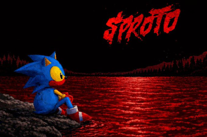 A plush Sonic the Hedgehog figure sits on a rock overlooking a dark red sea under a black sky, with the stylized red text 'STPROTTO' above.