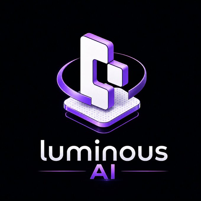 The image shows a sleek 3D logo for "luminous AI" featuring a stylized purple and white letter "L" with a circular halo design on a dark background, matching the post's promotion of the AI-powered crypto research and trading platform.