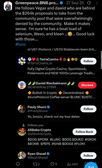 A screenshot of an X (Twitter) post by "Greenpeace.BNB.pro..." accusing unnamed figures of following "Vegas" and "Dawid"—behind a $264k community proposal that was "overwhelmingly denied"—suggesting collusion with the TerraCasino and LUNC community, with the caption framing it as evidence of coordinated scamming activity involving $LUNC.