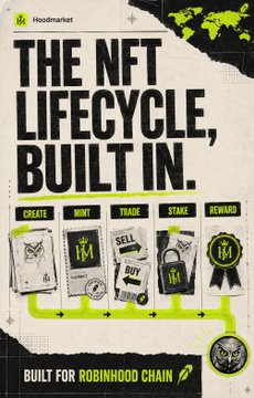 The image is a promotional graphic featuring bold text "THE NFT LIFECYCLE, BUILT IN." above a row of green tabs labeled CREATE, MINT, TRADE, STAKE, and REWARD, illustrated with associated icons like a wallet, "M" mint stamp, SELL/BUY signs, a padlock, and a ribbon award. It notes "BUILT FOR ROBINHOOD CHAIN" alongside the HoodMarket branding, visually representing the post's description of HoodMarket providing the complete creative and lifecycle infrastructure for NFTs on Robinhood Chain.