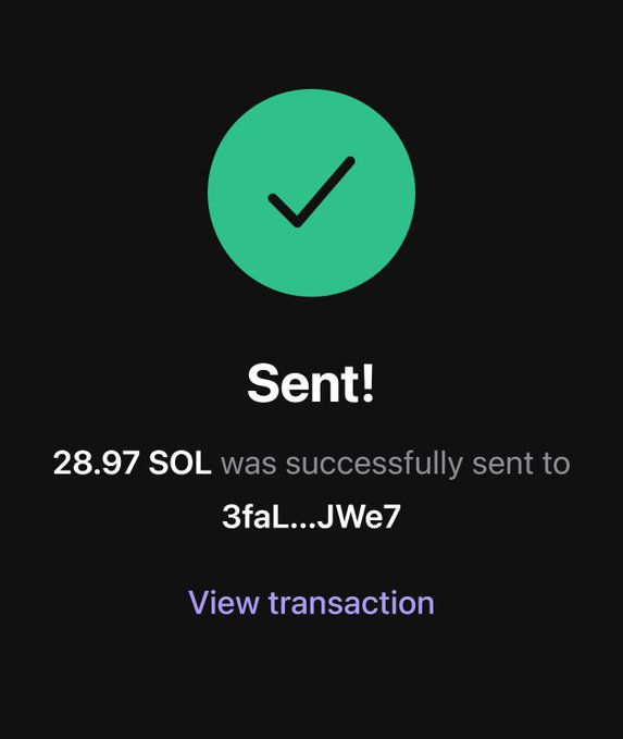 A screenshot of a successful Solana transaction showing "Sent! 28.97 SOL was successfully sent to 3faL...JWe7" with a green checkmark, presented as proof of a payout in a $50 giveaway challenge.