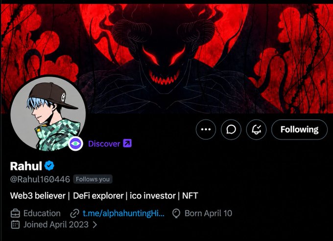 A Twitter/X profile for 'Rahul' (@Rahul160446) with the bio 'Web3 believer | DeFi explorer | ico investor | NFT', featuring a dark anime-style demon header image and a profile picture of an anime character in a green camo hoodie.