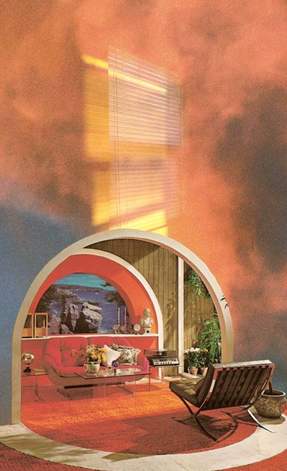A retro-style digital collage of a room interior viewed through an archway, featuring a red couch, a wooden chair, and a bright orange rug, set against a cloudy orange and blue sky background with window blinds.