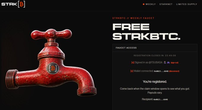 A screenshot of the STAK[B] website promoting a 'FREE STRKBTC' weekly faucet, showing a registration confirmation message with Discord and wallet connection details.