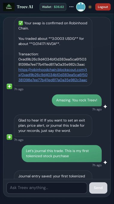 A screenshot of a chat interface with TreevAI showing a confirmed swap on Robinhood Chain, where about 3.0003 USDC was traded for approximately 0.014171 NVDA tokens (transaction hash: 0xad9b26c9d4034b10d383ea5ca6f50381398e7ee77b411ed817a0a35e982c3aac), followed by the user requesting to journal the trade as their first tokenized stock purchase.