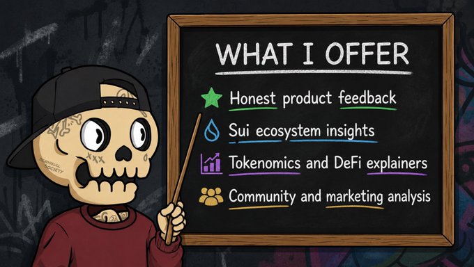 A cartoon skull character wearing a black cap and red sweater points to a chalkboard titled "WHAT I OFFER" with bullet points: "Honest product feedback", "Sui ecosystem insights", "Tokenomics and DeFi explainers", and "Community and marketing analysis".