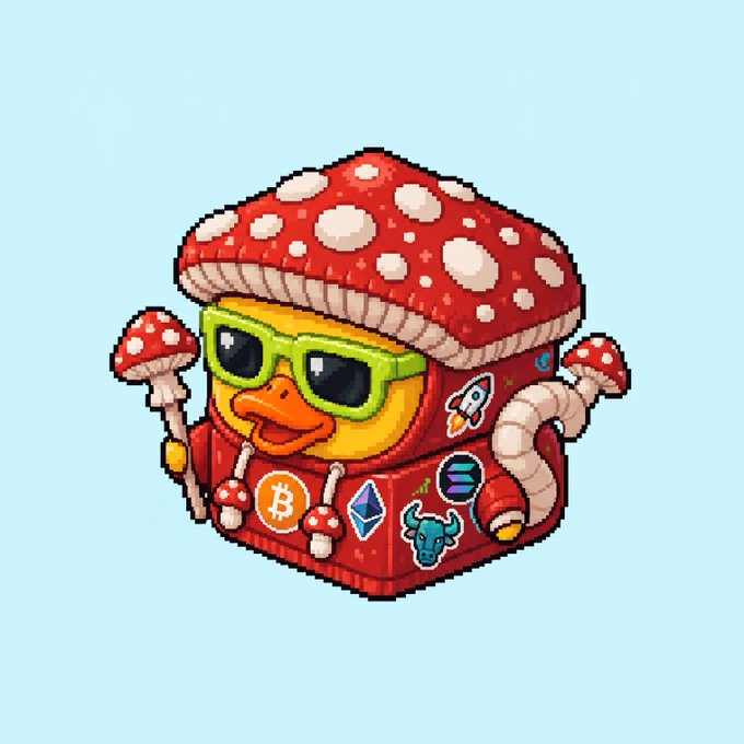 A pixel art illustration of a duck wearing a red mushroom-shaped hat with white spots, green sunglasses, and a hoodie adorned with cryptocurrency logos including Bitcoin, Ethereum, and Solana.