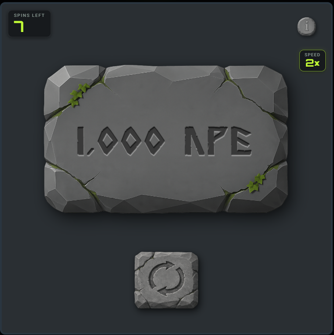 A game interface displaying a stone tablet with carved text reading '1,000 NPB', featuring a 'SPINS LEFT 7' counter, a 'SPEED 2x' button, and a spinning refresh icon at the bottom.