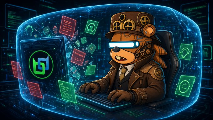 An anthropomorphic bear wearing a steampunk military cap and goggles types on a keyboard at a futuristic terminal, surrounded by floating holographic data panels and a glowing blue shield.