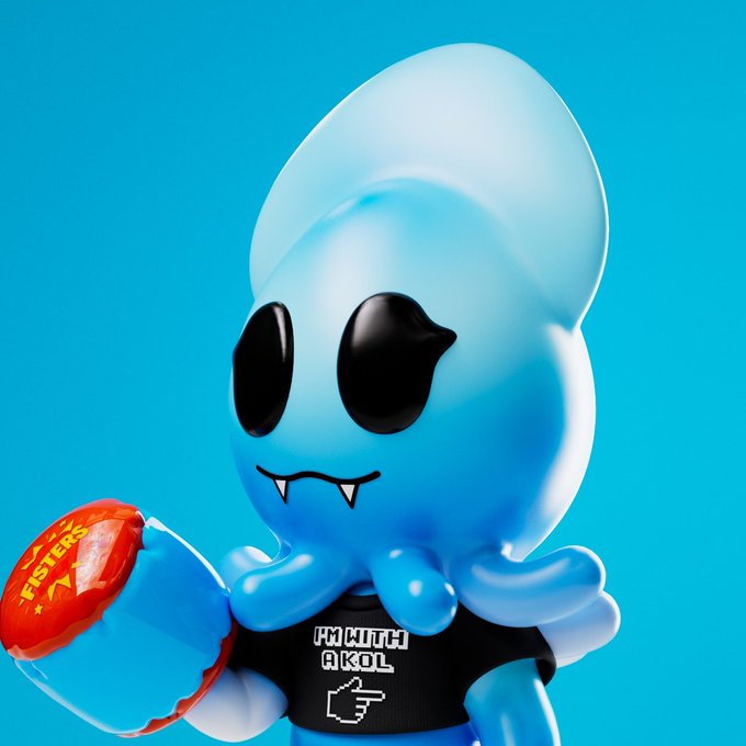 A 3D rendering of a blue octopus character wearing a black "I'M WITH AKOL" t-shirt and holding a red "TESTERS" disc against a blue background.