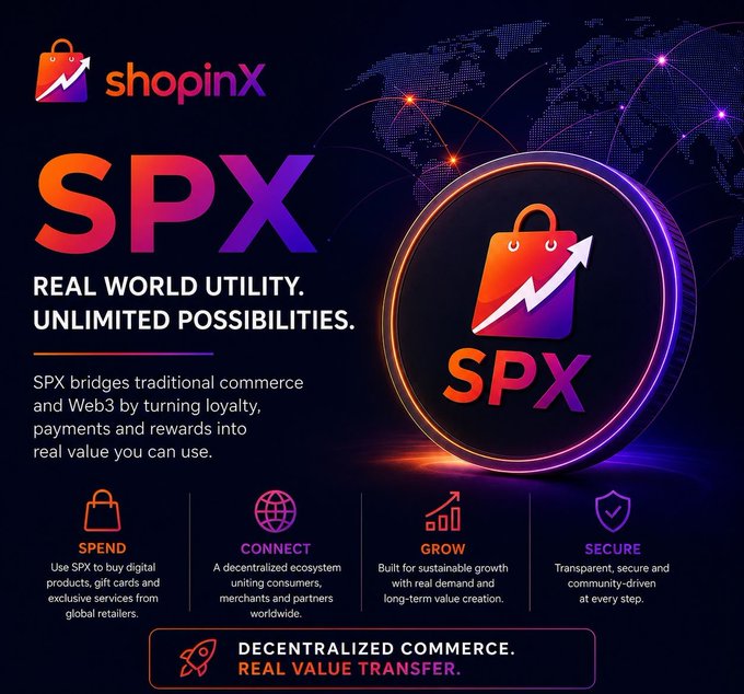 An advertisement for 'shopinX' and its 'SPX' token, highlighting 'REAL WORLD UTILITY. UNLIMITED POSSIBILITIES.' and featuring icons for 'SPEND', 'CONNECT', 'GROW', and 'SECURE'.
