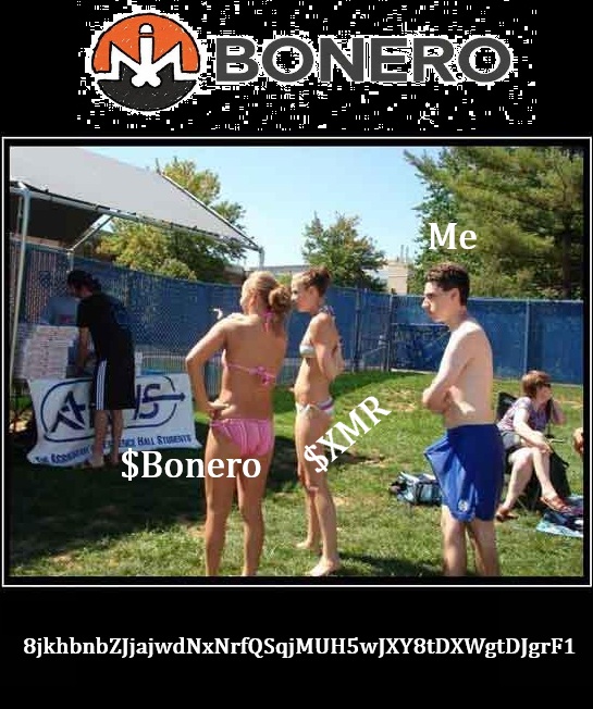 A meme featuring the BONERO cryptocurrency logo at the top, showing a photo of two women in bikinis labeled '$Bonero' and '$XMR' and a shirtless man labeled 'Me' at what appears to be a water polo event, with a cryptographic hash '8jkhbnbZJjajwdNxNrfQSqjMUH5wjXY8tDXWgtDJgrF1' at the bottom.
