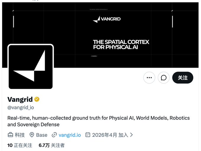 A Twitter/X profile screenshot for 'Vangrid' (@vangrid_io) describes the company as providing real-time, human-collected ground truth for Physical AI and World Models.
