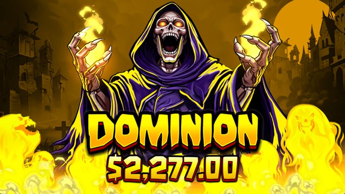 The image is promotional artwork for "DOMINION," a Pragmatic Play slot game, featuring a menacing hooded reaper wielding flames against a gothic castle backdrop, with a prize pool of $2,277.00 displayed prominently. The post ties the slot game to a giveaway on the yeet platform, encouraging users to share their yeet username and SOL wallet to receive tips and $SOL rewards.