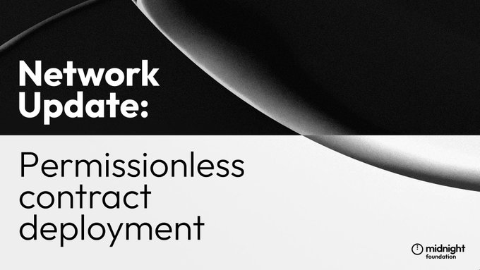 A black and white promotional graphic from Midnight Foundation announcing a "Network Update: Permissionless contract deployment," featuring the Midnight Foundation logo in the bottom right corner. The minimalist design pairs with the post's message about $NIGHT enabling dynamic, user-representative contract deployment, highlighting the trade-off between faster builder iteration and increased user risk.