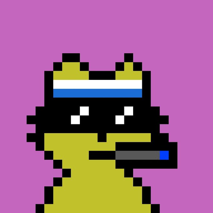 A pixel art illustration on a purple background depicts a yellow and black creature with a white headband bearing the blue, white, and red colors of the Russian flag, holding a blue-tipped marker.