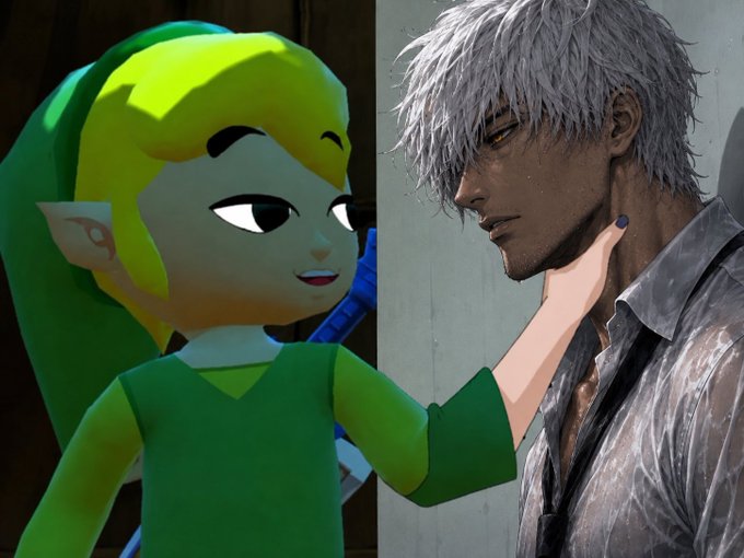 A composite image showing a green elf-like cartoon character (resembling Link from The Legend of Zelda) on the left and a detailed illustration of a white-haired anime-style male character on the right.